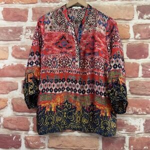 Jade Melody Tam Top Women's Large Multicolor Boho Floral Abstract Satin Shirt